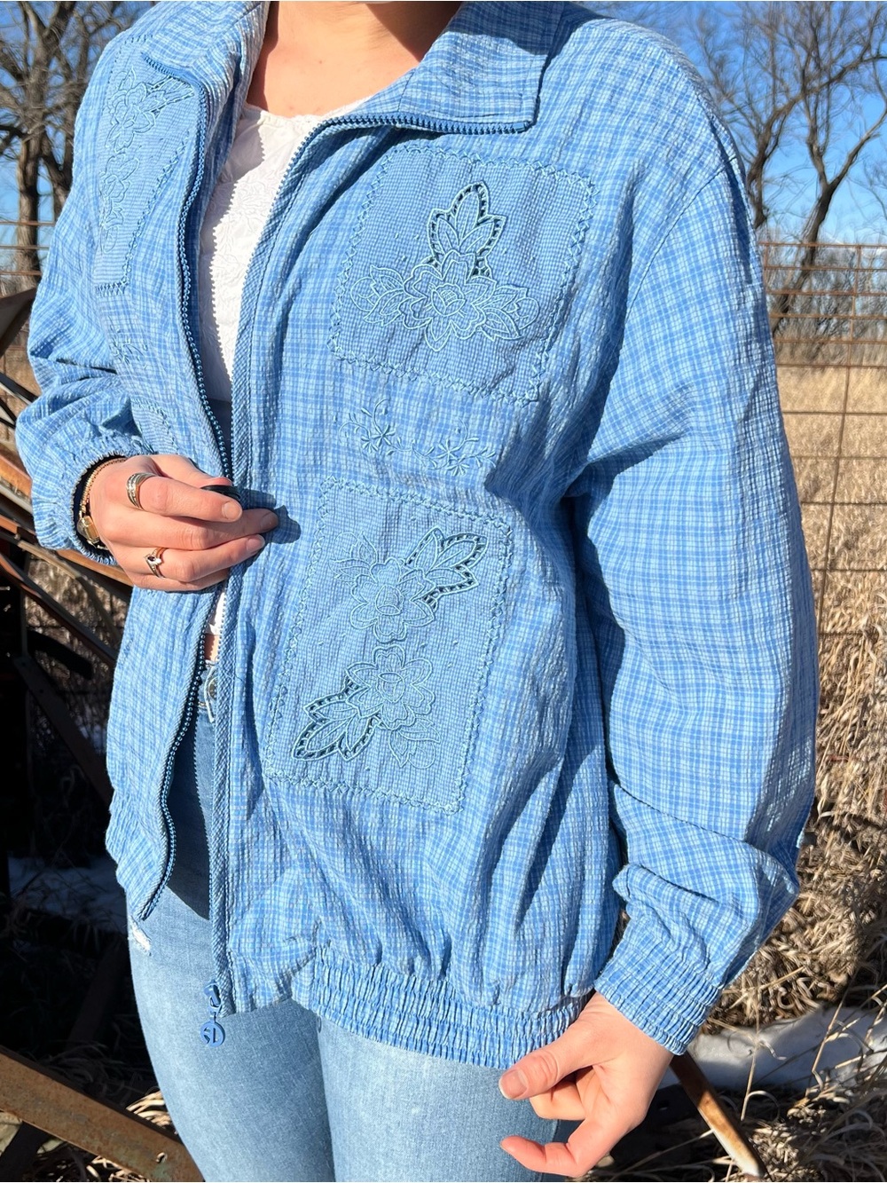Light Blue Embroidered Plaid Zip Jacket
